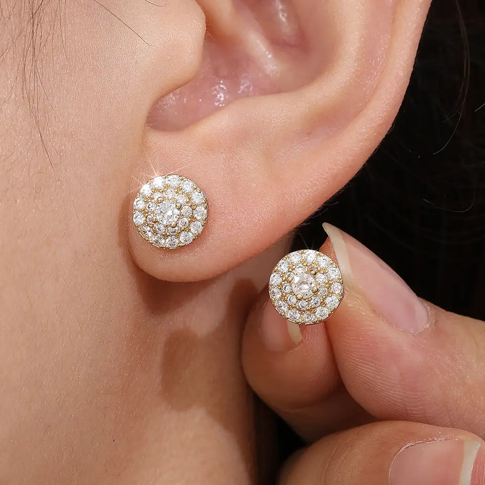 Hip Hop Rock Round Copper Zirconia Stud Earrings Silver/Gold Color Metal Crystal Ear Jewelry For Men Women Party Gift