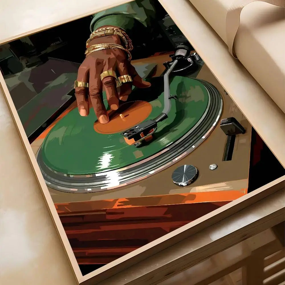 Hip Hop Fashion Black DJ Hand Turned Vinyl Record Music Art Poster Bar Restaurant Home Room Wall Decoration Paintings