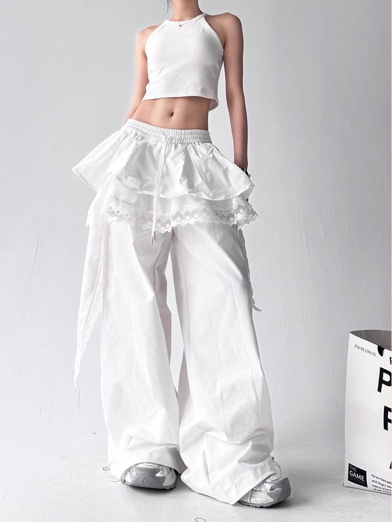 High Quality Lace Tiered Skirt Baggy Full Length Pants Hip Hop Dance Sexy Women Girls Casual Summer Trousers Elastic Drawstring