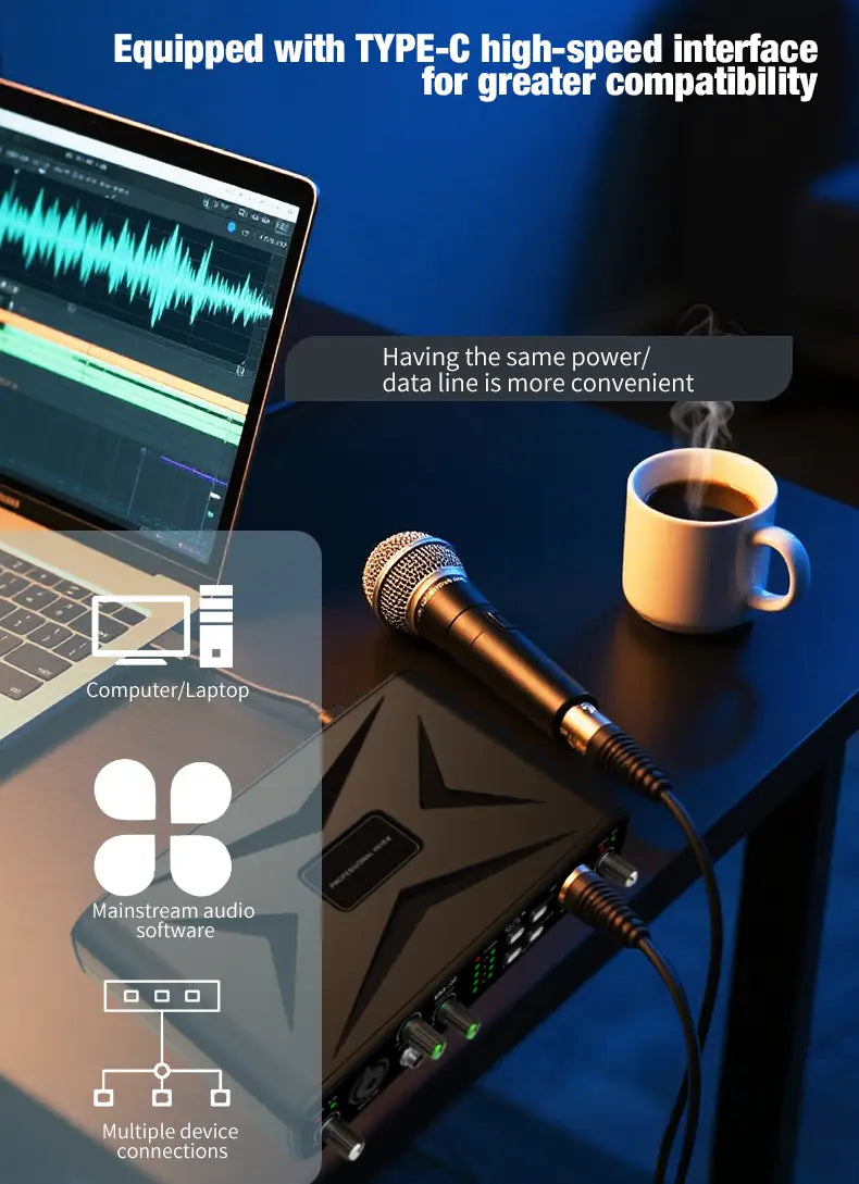 Sound Card Audio Mixer USB Audio Interface With Mic Preamplifier XLR/TSR/TS Ports 48V For Computer Recording Stream&Live Stream