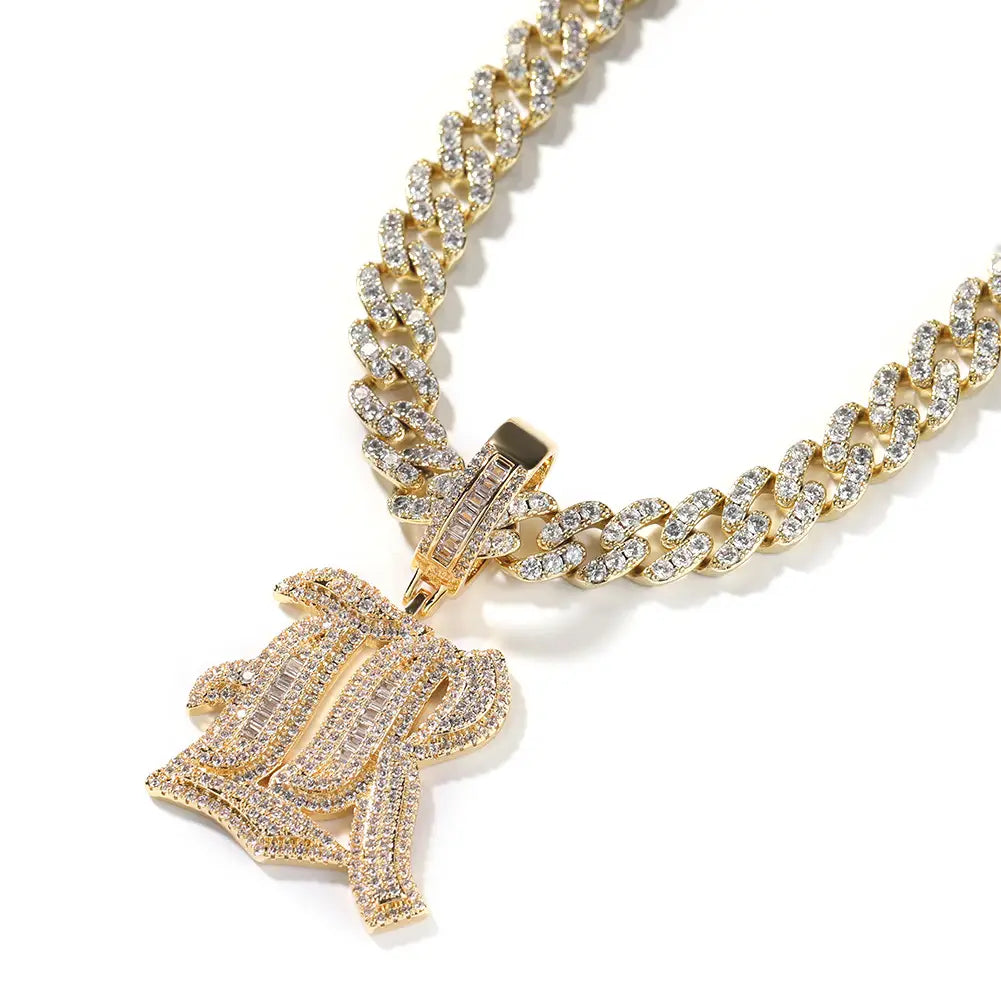 Hip Hop Micro Paved 5A+ Cubic Zirconia Bling Iced Out Old English Single CZ Letter Pendants Necklace for Men Rapper Jewelry