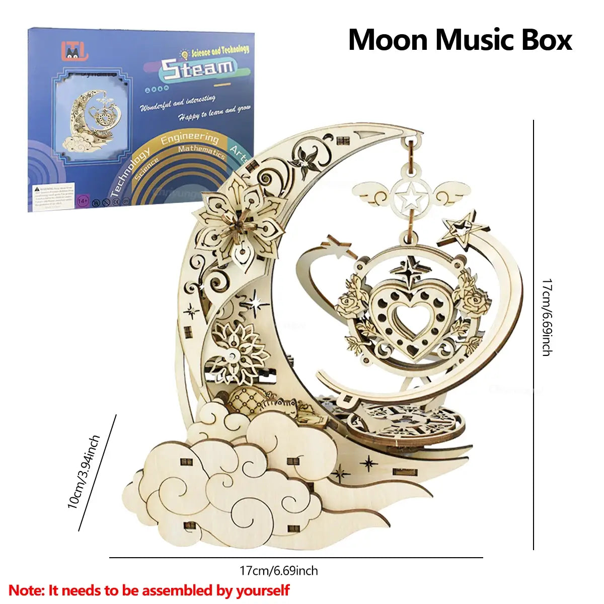 3D Wooden Puzzle Moon Star Model Music Box Building Kits Rotating Craft Decor Educational STEM Toy Gift for Adults Teens Kids