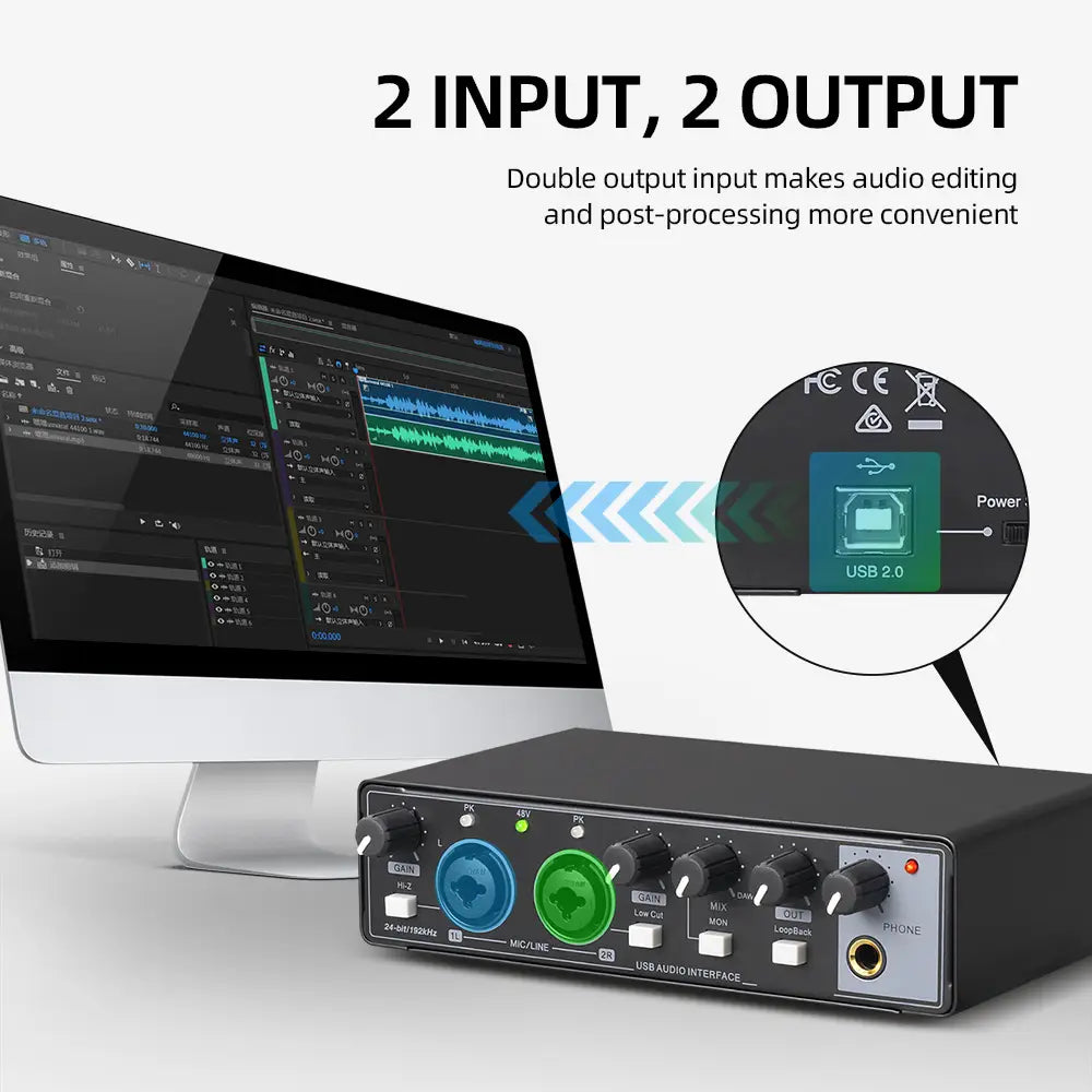MD22 Professional Audio Sound Card Monitor 24-bit/192KHz AD Converter for Electric Guitar Recording Studio Live Streaming