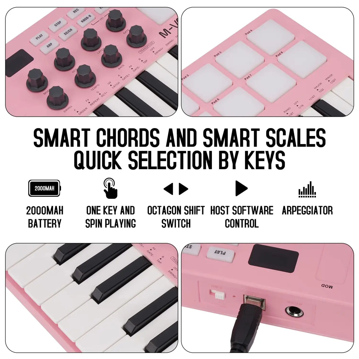 M-VAVE Pink SMK-25 Key MIDI Controller w/8 RGB Pads/8 Assignable 360°knobs/Bluetooth 5.0/USB-B type interface