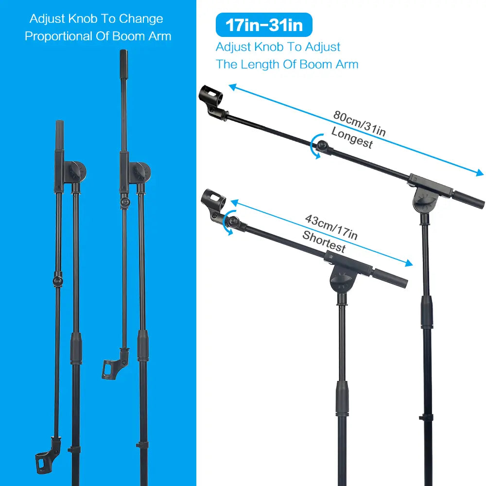 Microphone Stand Foldable Heavy Duty Tripod Karaoke Stands Floor Adjustable Boom Arm Length From 17’’ To 31’’ with Holder Clip