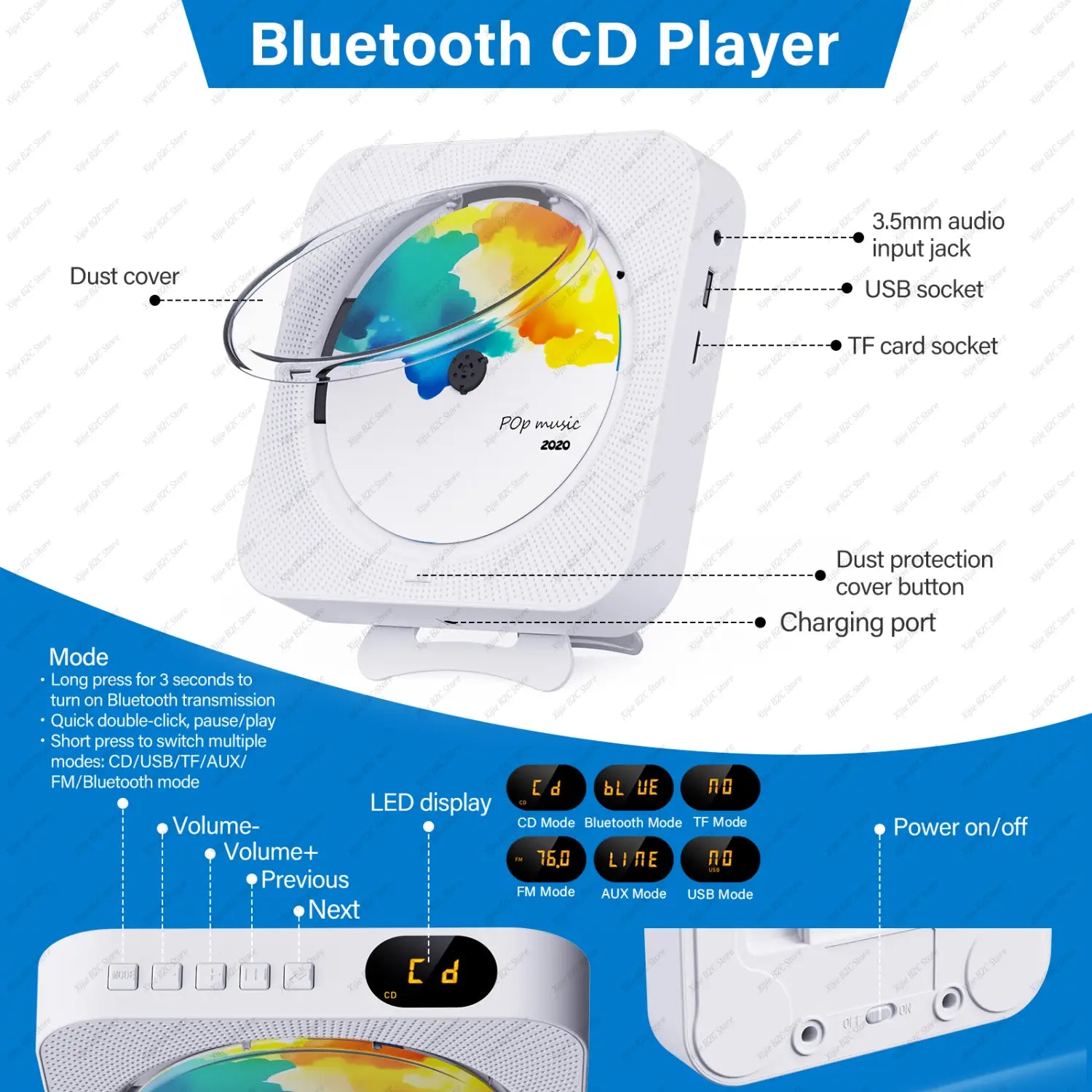 Portable CD Player Bluetooth Speaker Stereo CD Players LED Screen Wall Mountable CD Music Player with IR Remote Control FM Radio