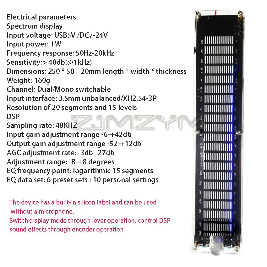 Music Spectrum Dynamic Level Indicator Multi Mode DSP Equalizer EQ Voice Control DC7-24V