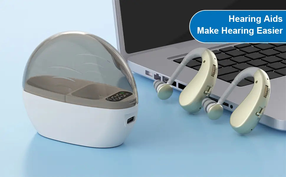 Auxiliary headphones sound amplifier noise reduction adjustable volume hanging ear with charging case