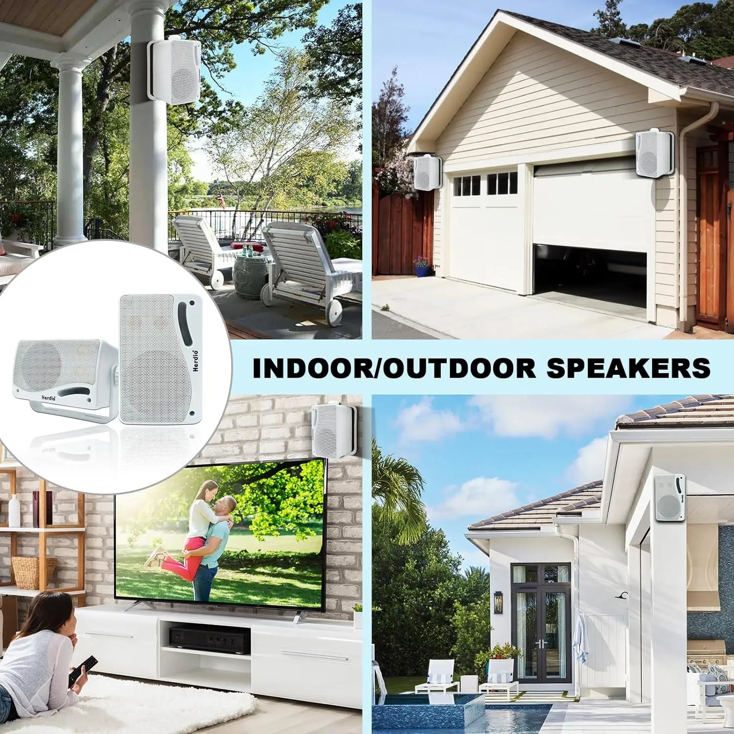 Herdio 3.5‘’ Outdoor Speakers Passive Wired Waterproof 200W 3 Way Premium Mountable Wall Mount Speakers With Superior Sound 2PCS