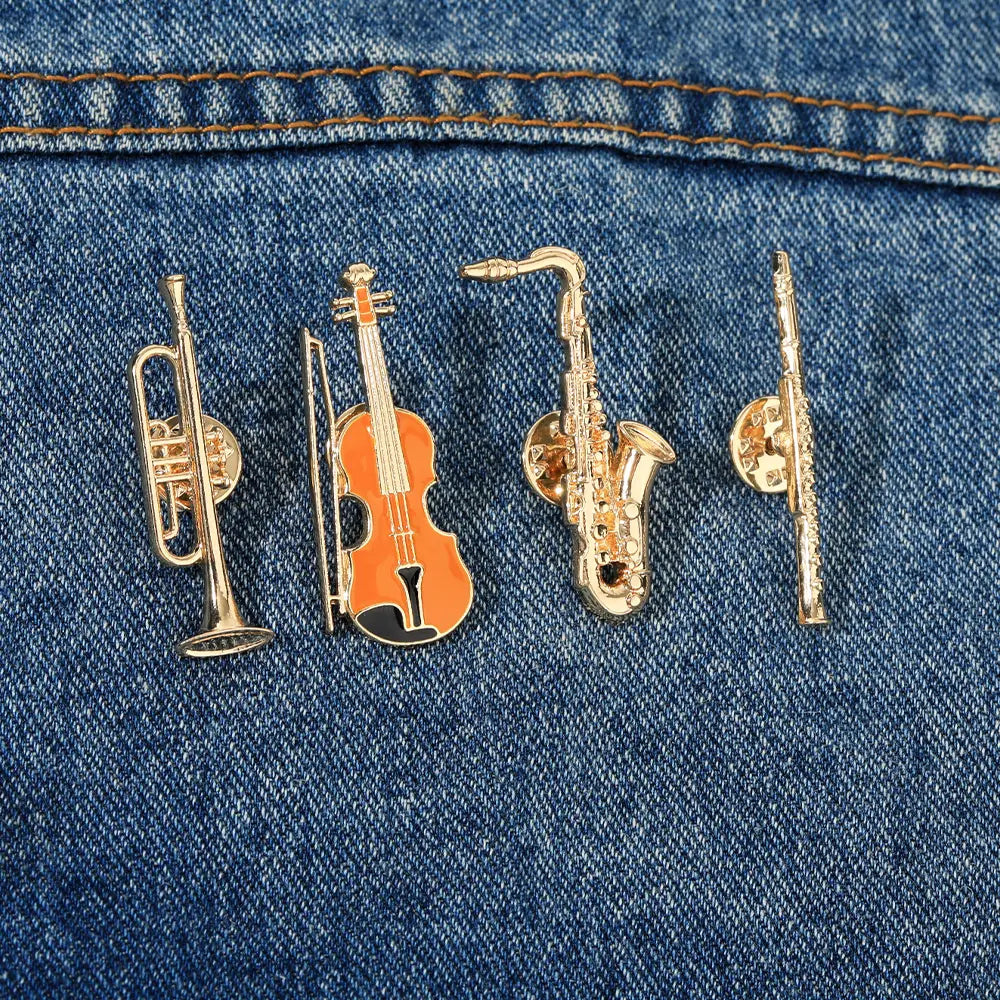 Funny Musical Instruments Enamel Brooches Trumpet Clarinet Saxophone Violin Shaped Golden Pins Symphony Orchestra Badge