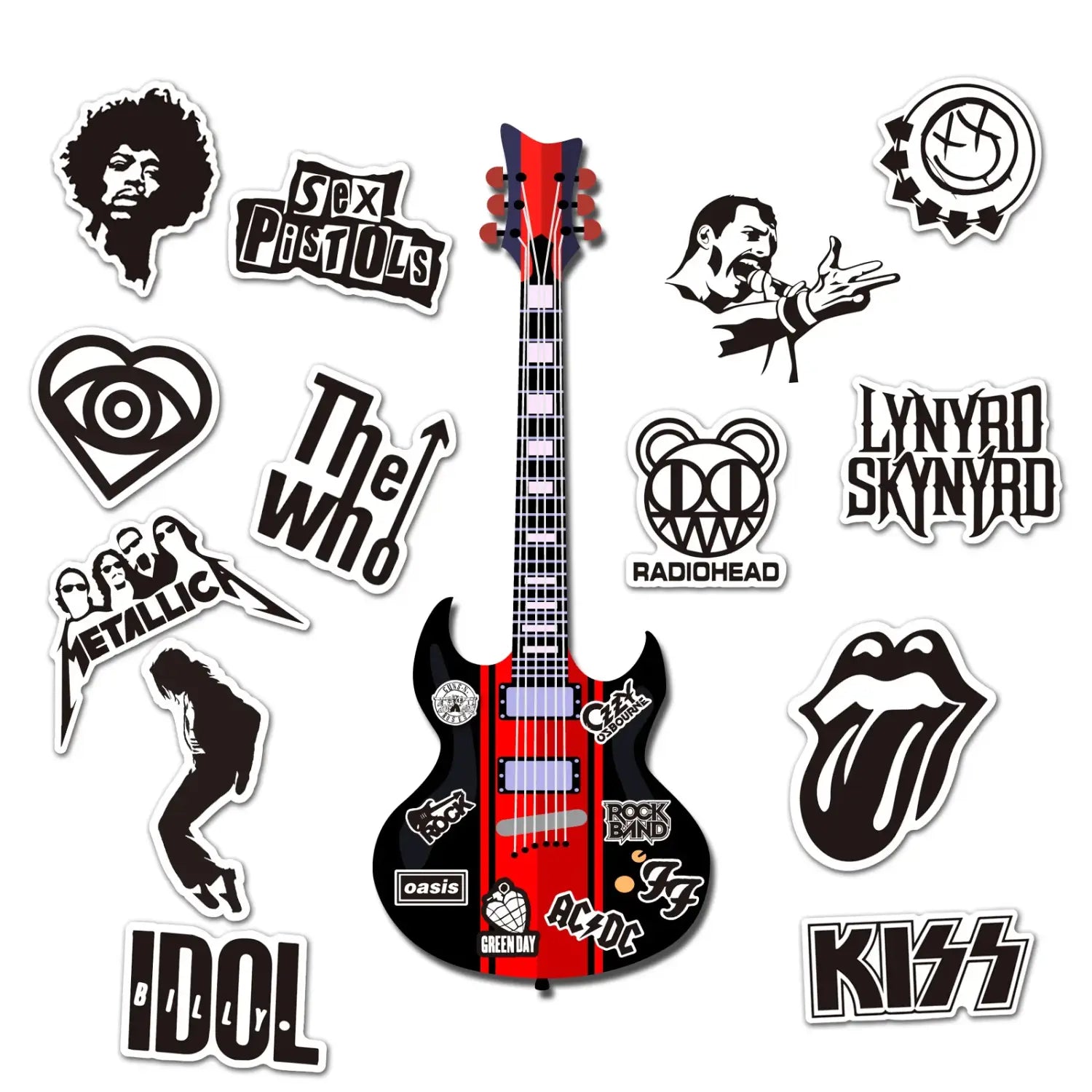Rock Music Stickers White and Black Fashion Band Graffiti for iPad Car Phone Guitar Motorcycle Skateboard Luggage 50Pcs