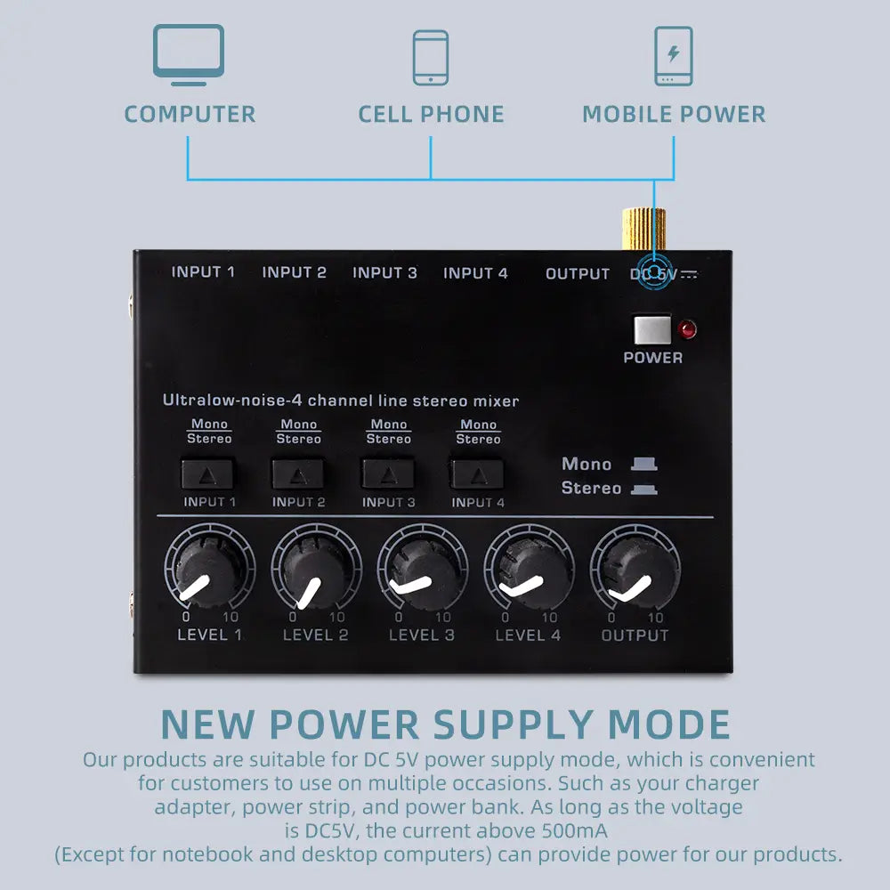 MAX400 Audio Mixer Mini Stereo Mixer Ultralow Noise 4 Channels Mixers Mixing Console DC5V for Electric Guitar Drum Piano