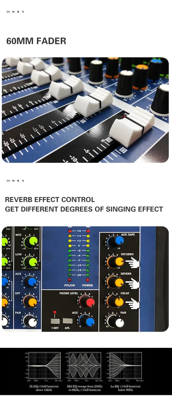 CT60S 6 Channels Professional Studio Audio Mixer USB DJ Sound Mixing Console 48V Phantom Powers
