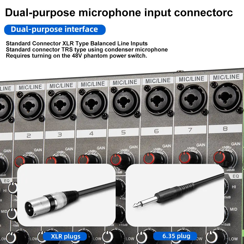 Professional Audio Mixer Depusheng MG8 8 Channel Sound Board Console DJ Mixing Desk System Interface Built-in 256 Reverb Effect