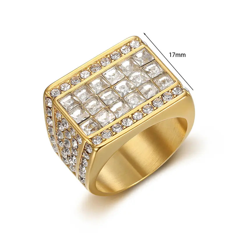 HIP Hop Rhinestone Paved Bling Iced Out Stainless Steel Geometric Square Finger Rings for Men Rapper Jewelry Gift
