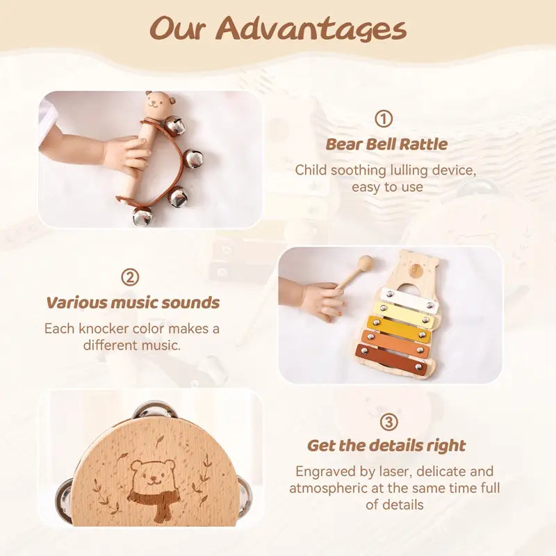 Baby Musical Toys Wooden Bear Rattle Bell Drum Xylophone Percussion Early Educational Instrument Playthings for Toddlers Kids
