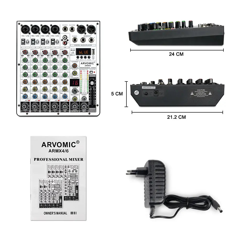 6-Channel Audio Mixer DJ Mixer with USB Audio Interface Bluetooth Function 16 DSP Effects and 3-Band EQ (ARMX-6)