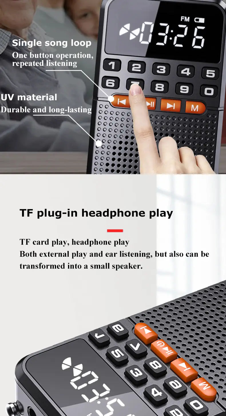 Portable FM Mini Radio Dual Antenna Pocket Radio Receiver Bluetooth 5.0 Speaker TF Card Music Player with LED Flashlight