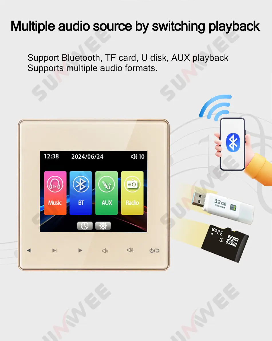 Home audio Wall music panel hotel 86 amplificador Bluetooths wall amplifier AUX TF player FM radio sound ceiling speaker system