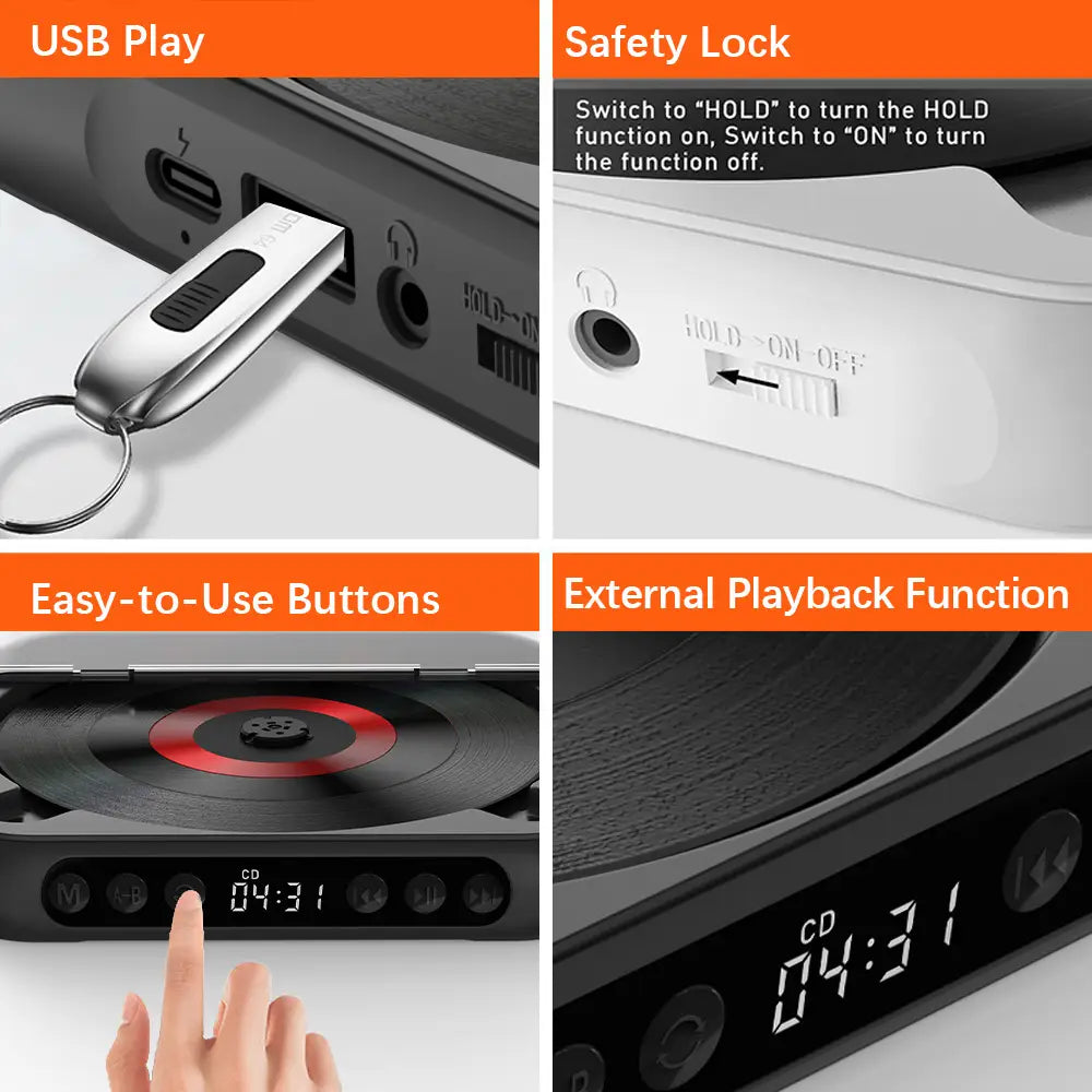 KC-918 CD Player Portable BT Music Player CD Runner Dustproof Cover 6 Modes A-B Repeat Timer Remote Control External Playback