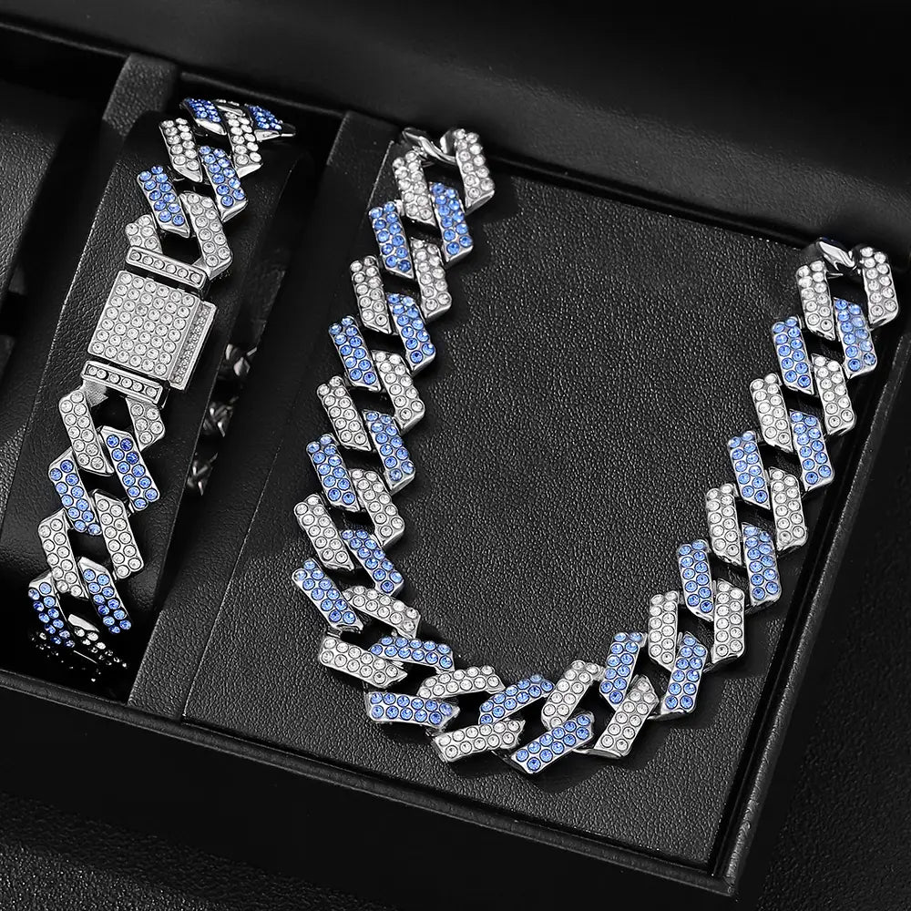 2pcs Jewelry Set Hip Hop Geometric Cuban Chain Neck Fashionable High Quality Hip Hop Rhinestone Neck Bracelet Jewelry holiday gi
