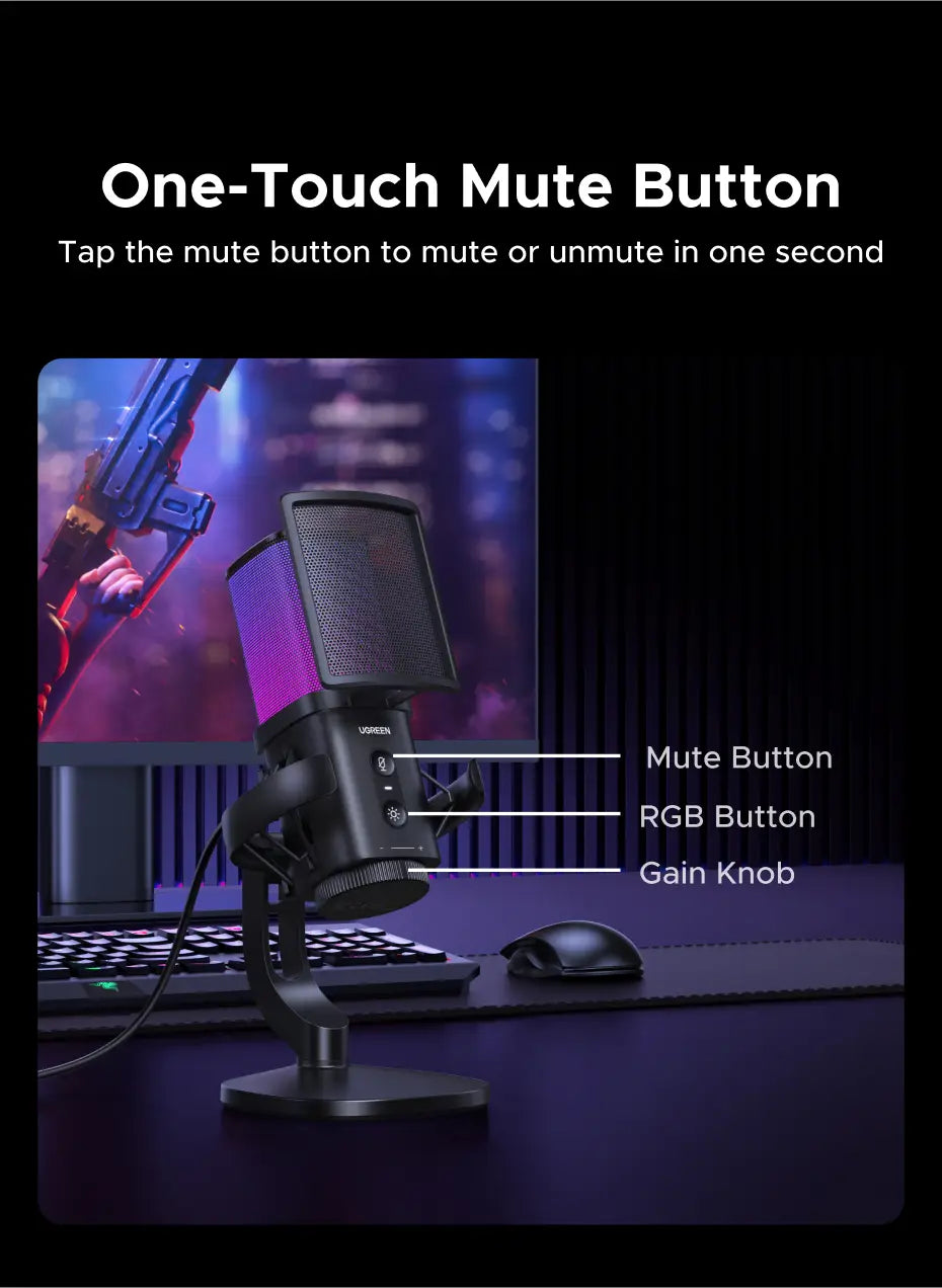 UGREEN USB Microphone with Touch Mute Button and RGB Lighting Suitable for PC Mac Gaming Karaoke Recording Streaming Podcasting