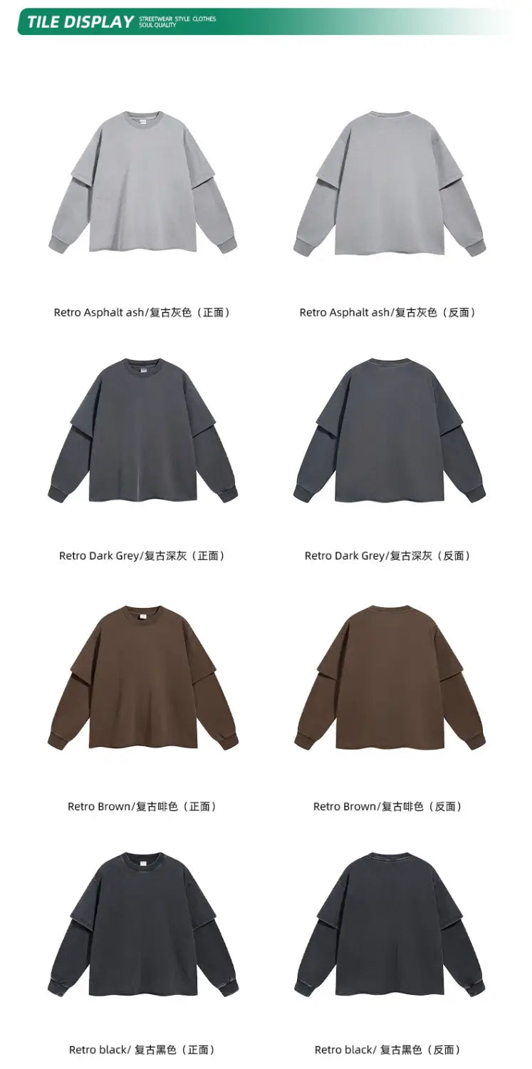 2024 Hip Hop Retro Fake Two Piece Rough Edge Round Neck Long Sleeve T-shirt for Men Washing Streetwear Trendy Baggy Tshirts Y2k