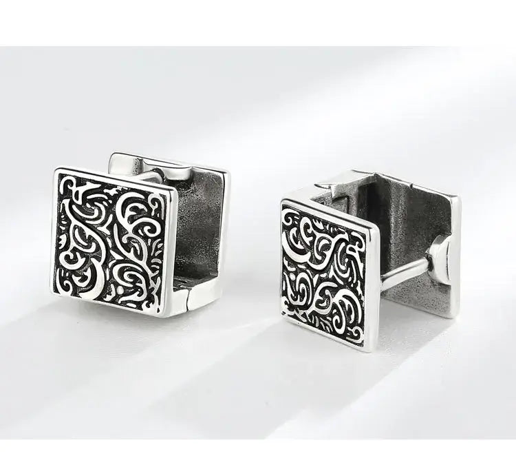 Vintage Ethnic Thai Silver Square Hoop Huggie Earrings for Women Men Chic Pattern Square Earring Hip Hop Rock Rap Cool Jewelry