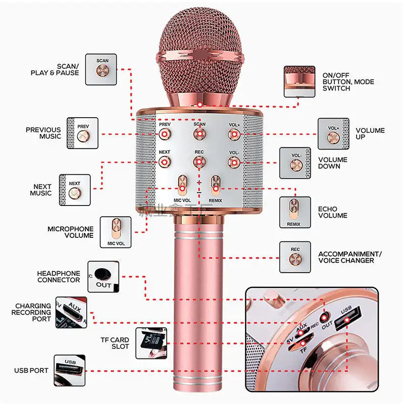 Wireless Bluetooth Karaoke Microphone for Kids 5-in-1 Portable Handheld Karaoke Mic Speaker Player Recorder with FM Radio