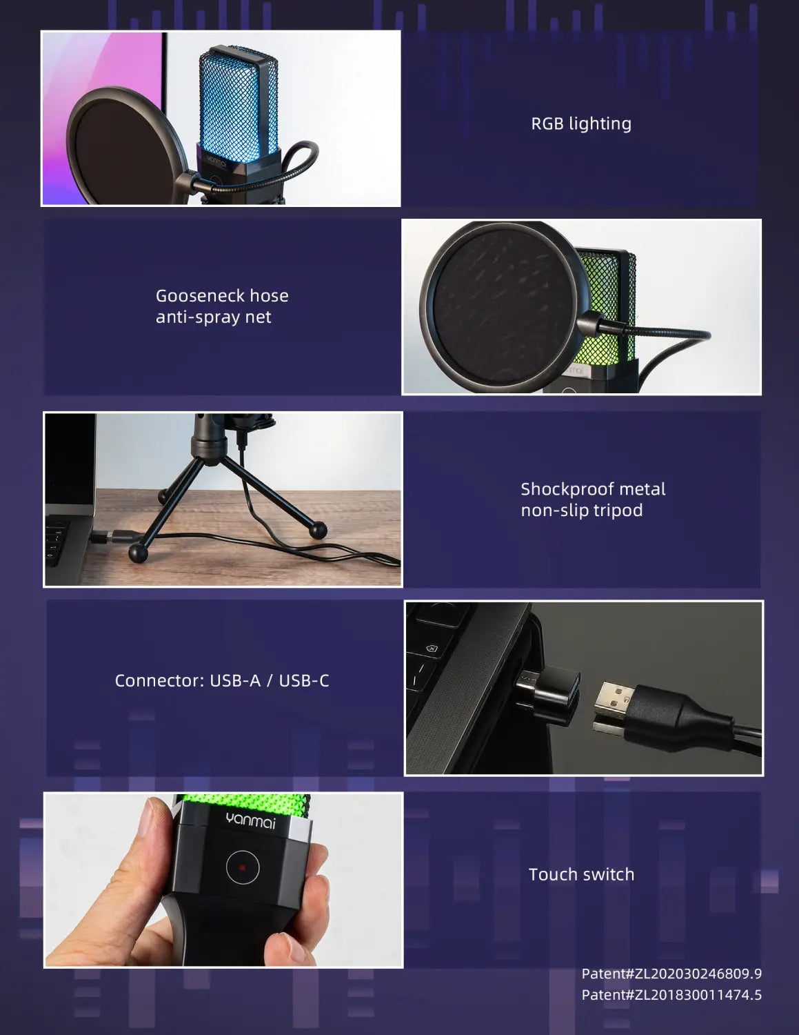 Gaming Microphone Professional Condenser Mic PC Laptop Computer Mike RGB USB Wired Studio Streaming Podcast Gamer Karaoke PC Kit