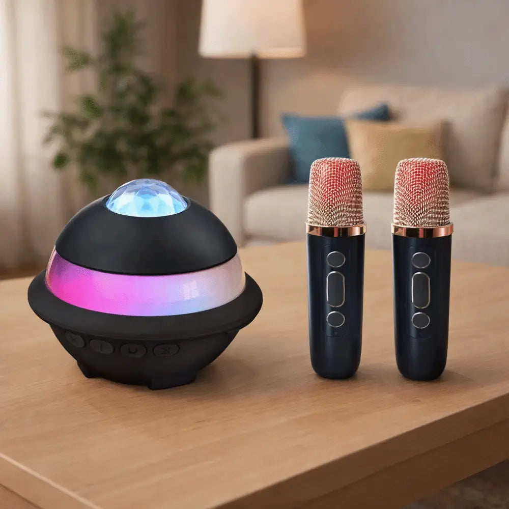Karaoke Machine Mini Bluetooth Speaker with Projector Night Light Subwoofer Wireless Dual Microphones Stereo Surround Singing