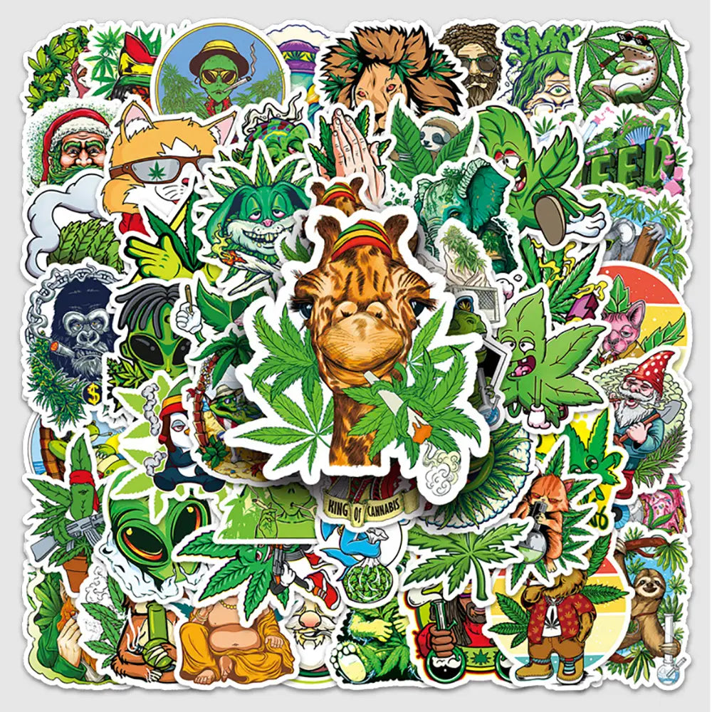 10/30/50/100PCS Funny Hemp Leaf Stickers Weed Smoking Cartoon Graffiti Waterproof Suitcase Luggage Guitar Skateboard Decals Toy