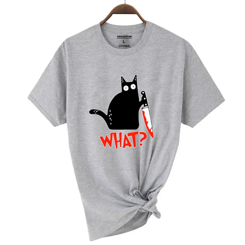 Kitchen Knife Black Cat Wha? Print Female Short Sleeve Fashion Breathable T-Shirts Summer Cool Tee Clothes Street Hip Hop Tops