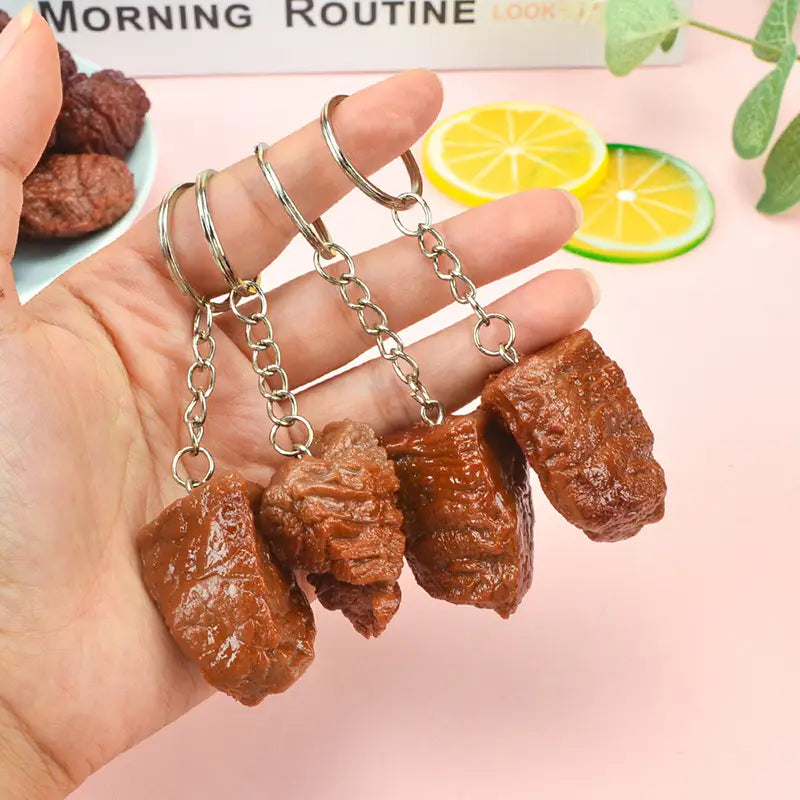 Simulation Beef Block Beef Keychain Imitation Food PVC Beef Cubes Keyring Food Model Simulation Food Keychain Fashion Jewelry