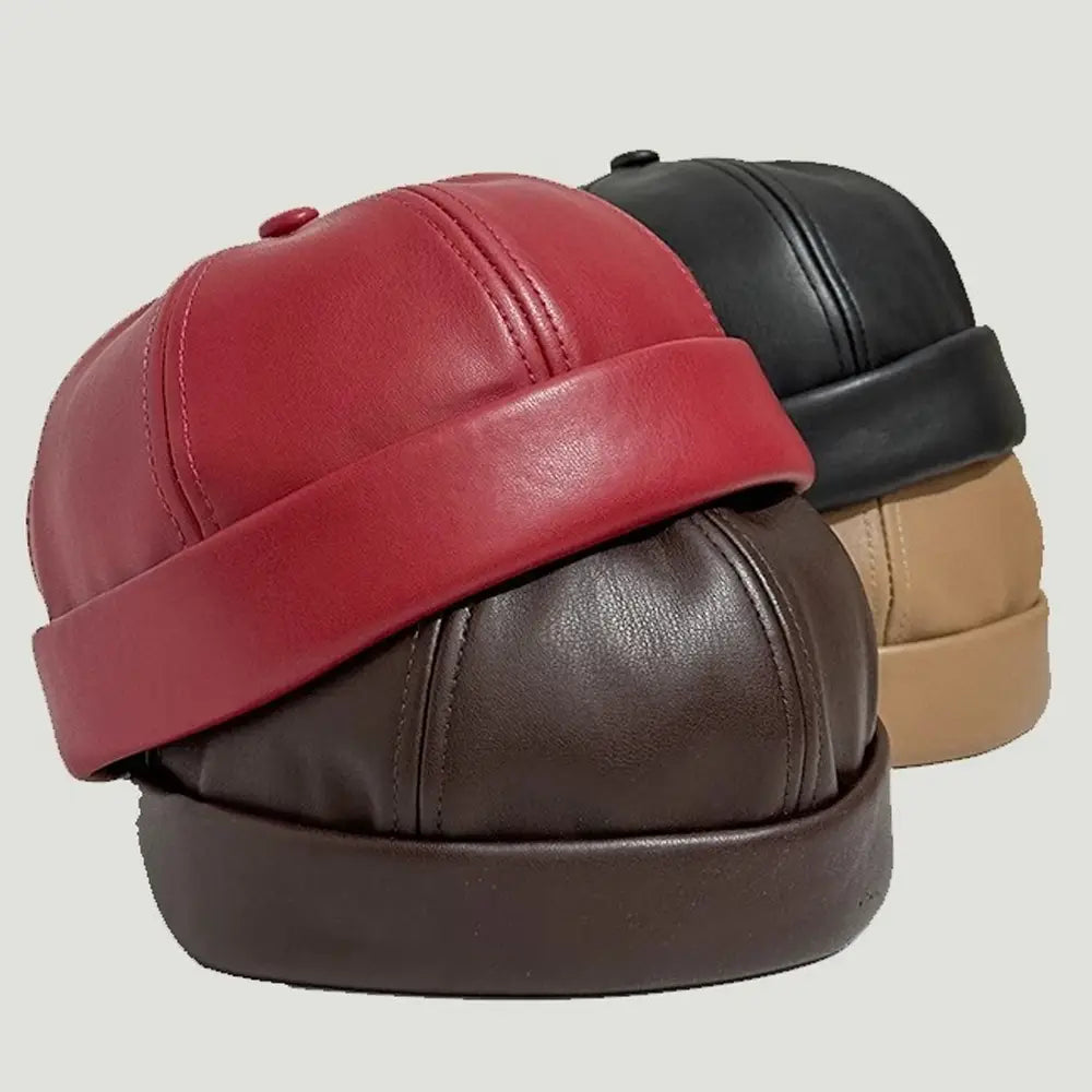 New PU Leather Landlord Hat Streetwear Melon Skin Hat Retro Unisex Hip Hop Cap Autumn Men Women Adjustable Brimless Docker Hat