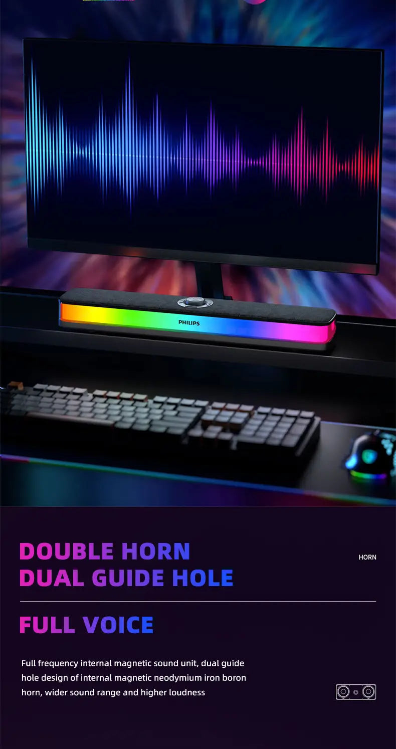 Philips SPA6109 Gaming Desktop Soundbar Full Screen RGB Noise Reduction Speaker with Mic Wired BT 5.3 Computer Sound System