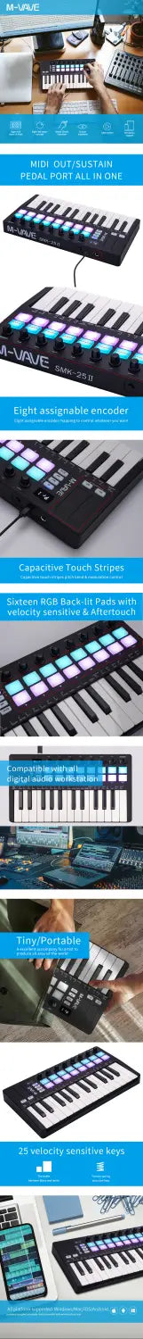 M-VAVE MIDI Pad Controller Keyboard USB 25 Key Mini RGB Drum Pads 8 Knobs and Music Production Software Assignable Knobs