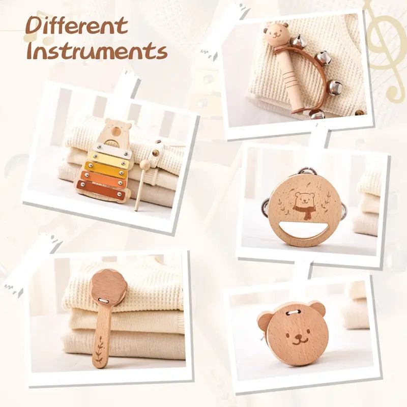 Baby Musical Toys Wooden Bear Rattle Bell Drum Xylophone Percussion Early Educational Instrument Playthings for Toddlers Kids