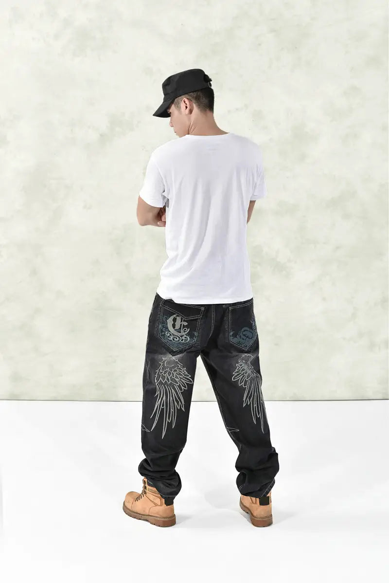 Hip Hop Graphics Embroidered Jeans Men Oversized Loose Fat Guy Skateboard Pants Streetwear Trendy High-quality Denim Trousers
