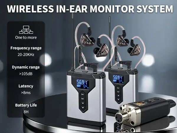 Ear monitoring wireless system Stereo UHF in T9 1/2/4 transmitter and receiver of live music stage performance studio