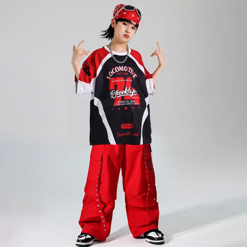 Hip Hop Boys Contrast T-shirt Red Vest Cargo Pants Girls K-pop Street Dance Clothes Sets Kids Jazz Costumes Children Streetwear
