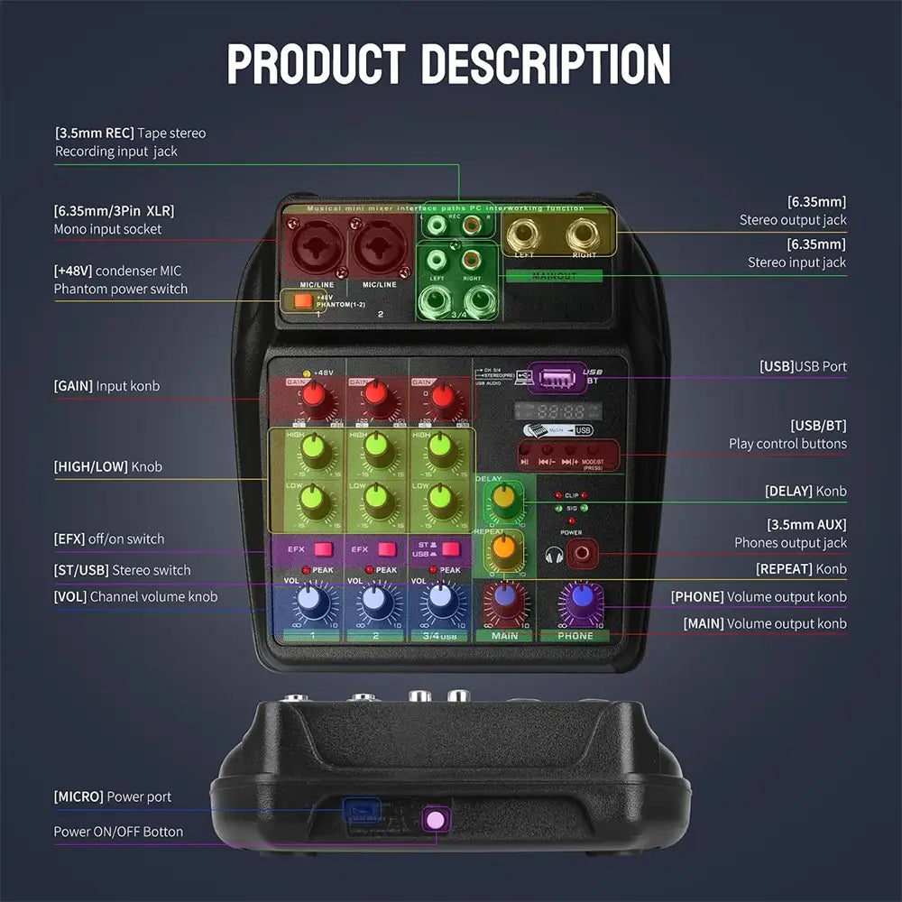 TAVOSOP Portable 4 channel audio mixer Recording Sound Console card With BT 48V USB interface for DJ Karaoke PC MP3 microphone