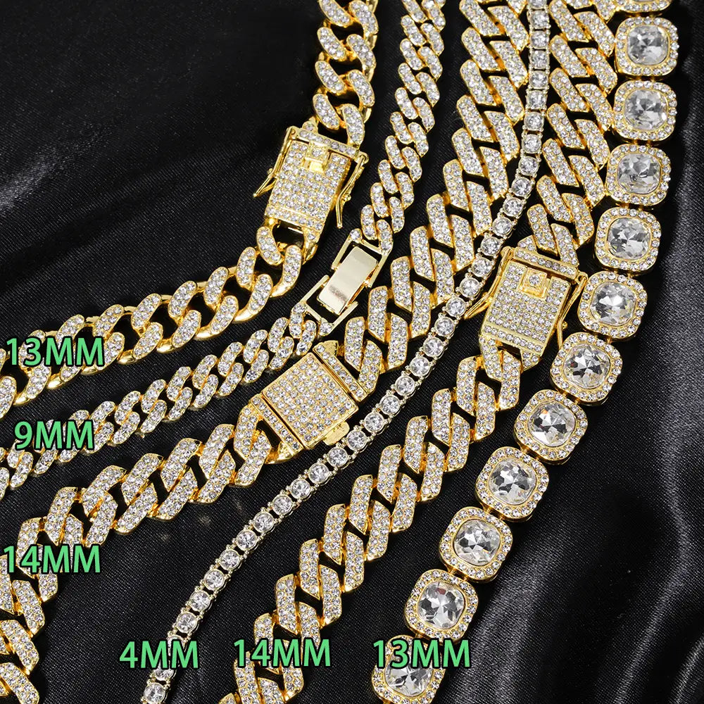 Hip Hop 3pcs Cuban Chain Watch for Men Miami Curb Iced Out Paved Rhinestones Rapper Cuban Necklace Suit Watch Bracelet Jewelry