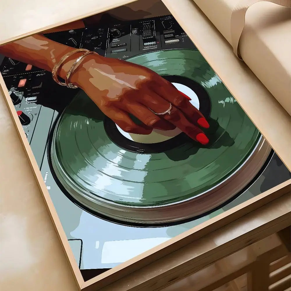 Hip Hop Fashion Black DJ Hand Turned Vinyl Record Music Art Poster Bar Restaurant Home Room Wall Decoration Paintings