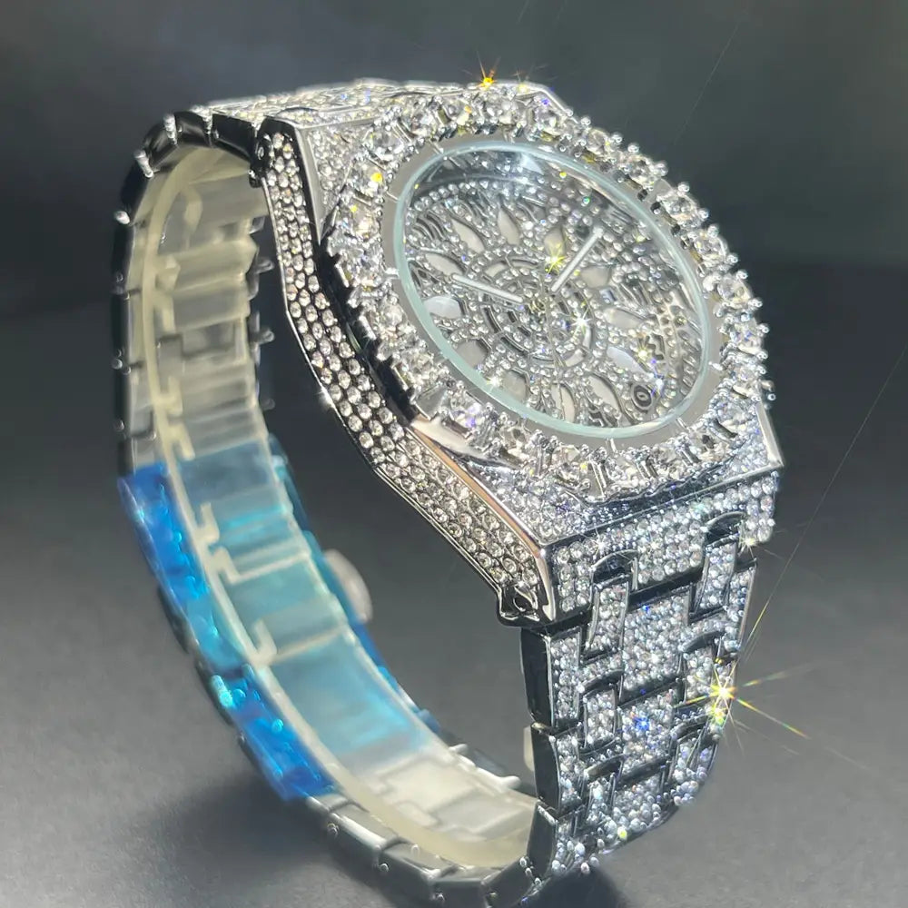 MISSFOX Hip Hop Wristwatch For Men Luxury lce Out Full Diamond Watches Fashion Green Watch Wterproof Week Display Clock 2025