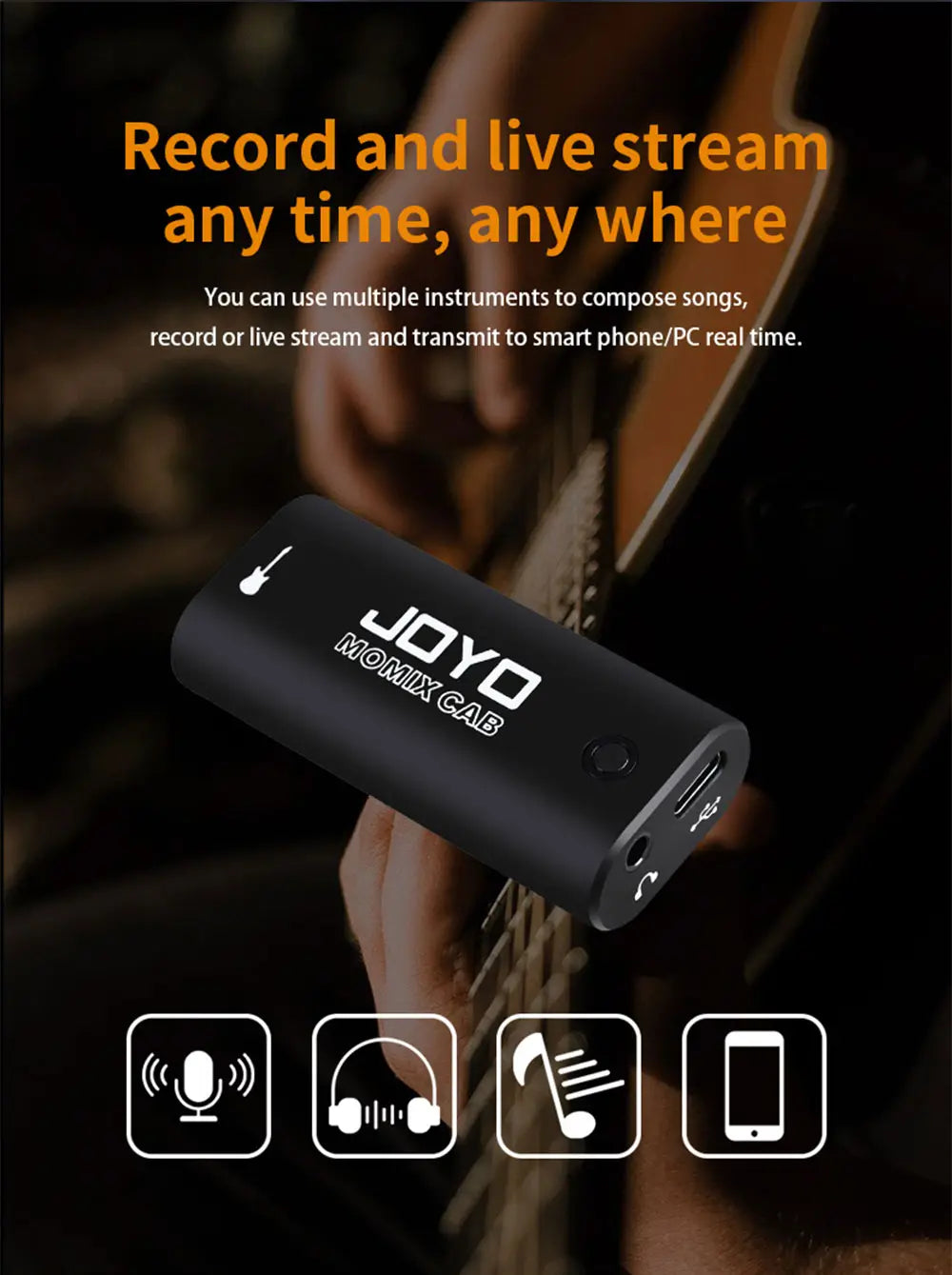 JOYO MOMIX CAB Mini Audio Mixer Guitar Sound Card USB Audio Interface Stereo Output for Guitar Bass Smartphone PC Live Streaming