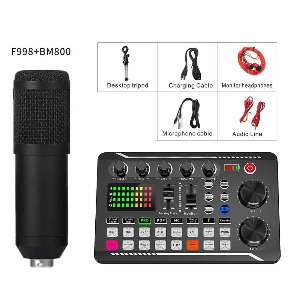 F998 Bluetooth Sound Card Console Studio Sound Card Kit with USB Microphone Computer Live Voice Mixer Sound Card DJ Equipment