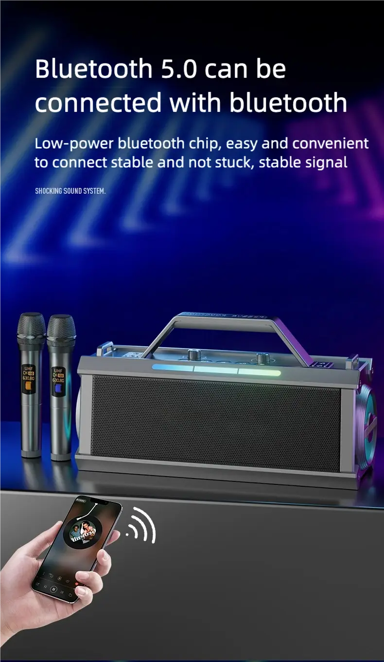 Portable Karaoke Machine with 2 Microphone Three Echo Levels Indoor and Outdoor Modes Deep Bass Supports AUX TF USB