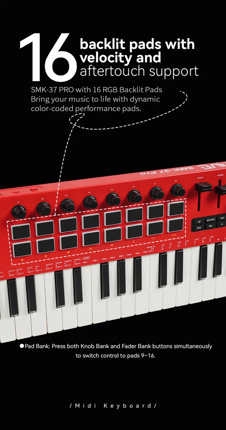 M-VAVE SMK-37 PRO Keyboard MIDI Controller 37 Key 16 RGB Pads&8 Knobs Supports Wireless Connection Systems Software Operation