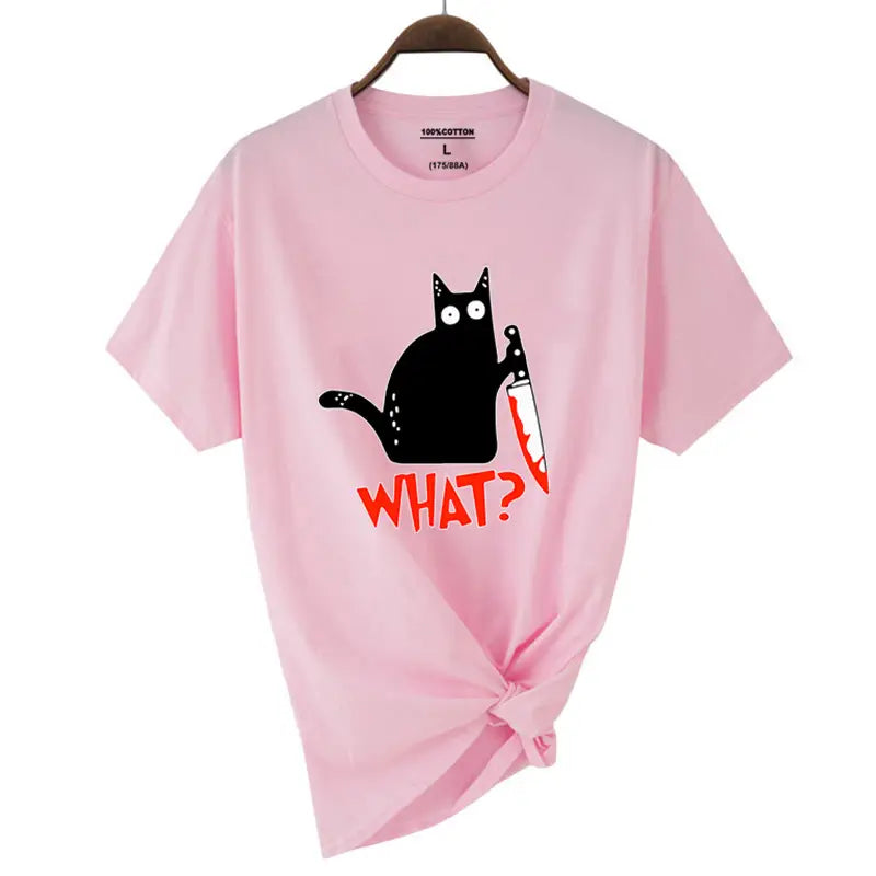 Kitchen Knife Black Cat Wha? Print Female Short Sleeve Fashion Breathable T-Shirts Summer Cool Tee Clothes Street Hip Hop Tops